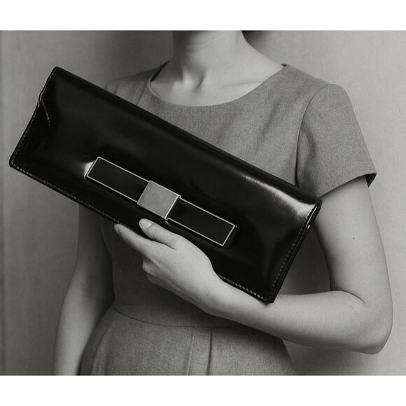 1950s Aetna USA Black Patent Envelope Clutch Purse Royaltone Lined 15" MCM - Picture 4 of 16